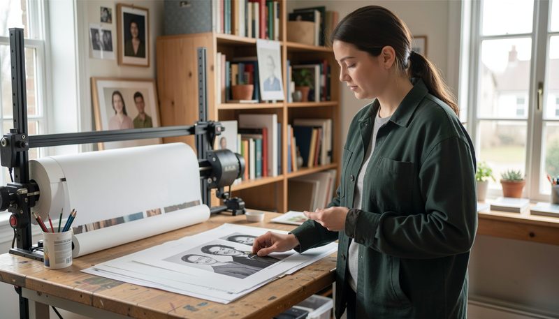 A designer inspects freshly printed portraits beside a workstation in a home studio.