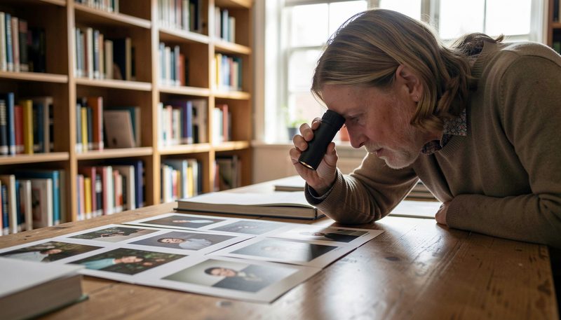 A researcher examines photographic prints with a magnifying loupe at a wooden library table.