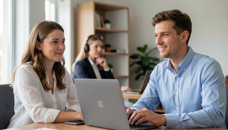 Colleagues discuss image selection around a table in a bright office.