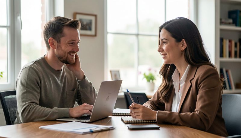 Two buyers review images together on a laptop in a studio office.