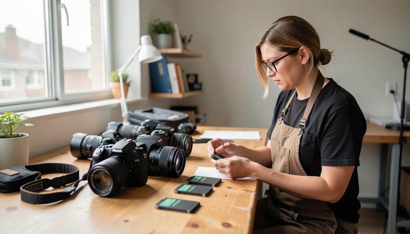 A photo technician checks camera equipment and memory cards on a bench in a daylight studio.
