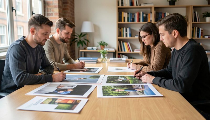 A small publishing team compares large photographic prints spread across a meeting table in an office.