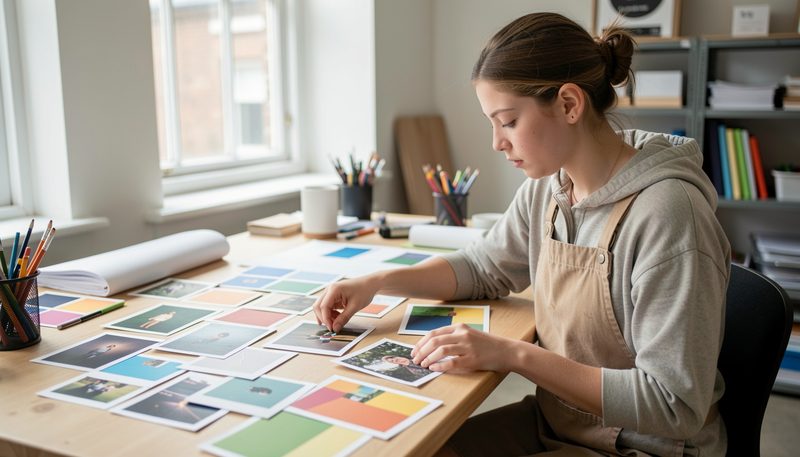 A junior designer arranges loose colour prints across a bright studio desk for review.
