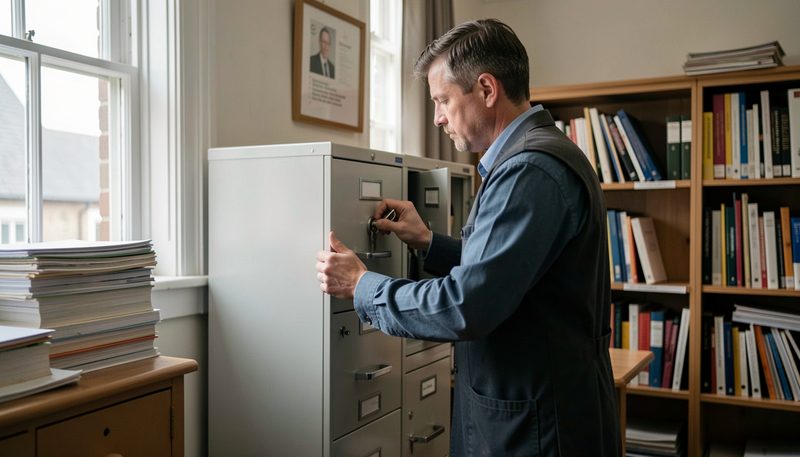 An administrator locks a metal filing cabinet inside a quiet records room.