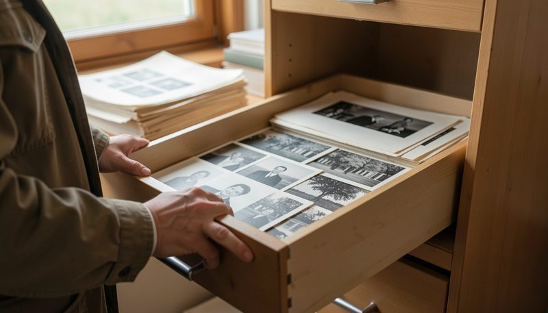An archivist opens a filing drawer of old black and white photographic prints in a county archive.