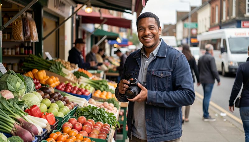 A photographer asks a smiling market stallholder to pose beside fresh produce in an East London market.