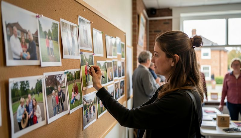 A volunteer pins location photographs to a corkboard during a community exhibition setup.