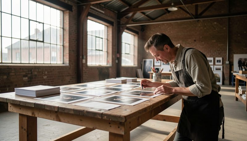 A designer filters photographic prints by size on a large table in a converted warehouse studio.